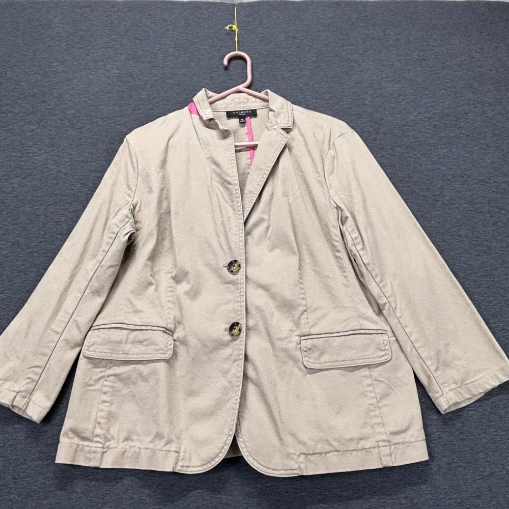 Talbots Jacket Womens 16P Beige Cotton Stretch Two Button Blazer career casual